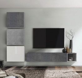 Soggiorno Zenzero moderno, parete attrezzata moderna, finitura Bianco Lucido, Beton e Ossido