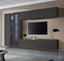 Elegante Parete attrezzata di design con vetrina L.280 cm, finitura Antracite