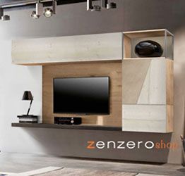 Parete attrezzata moderna finitura Argilla, Grigio Cenere e Rovere sbiancato