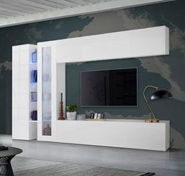 Parete attrezzata di design con vetrina L.280 cm, finitura Bianco lucido 