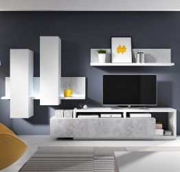 Porta TV moderno, finitura bianco opaco e grigio cemento