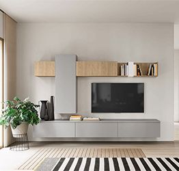 Parete attrezzata salotto, finitura Grigio dorian e Royal oak