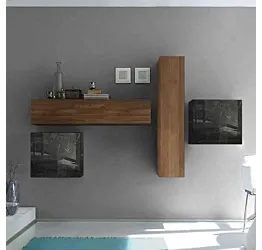 Soggiorno Zenzero moderno, parete attrezzata di design, in legno e marmo nero  - 244x169 cm