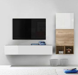 Parete attrezzata moderna con ribalta e cubi bianchi laccati lucidi, Rovere Miele e Stelvio