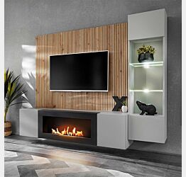 parete attrezzata grigio perla e artisan oak