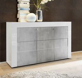 Credenza Moderna, Madia di Design, 3 ante, Bianco Lucido con frontali Beton