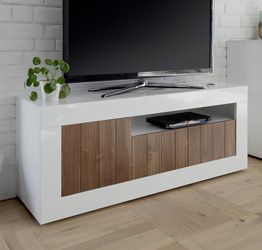 Porta TV a 3 ante, moderno e di design, finitura Bianco Lucido e Noce Dark