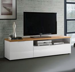 Porta TV moderno L.180 cm finitura Bianco laccato lucido e Castagno