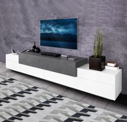 Mobile porta TV dal design moderno in finitura bianco lucido e ardesia
