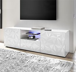 Base porta TV, 2 ante 1 cassetto, bianco laccato lucido con serigrafia prismatica