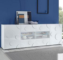 Madia Cerchio a 2 ante 4 cassetti, finitura bianco lucido, design moderno