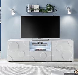 Porta TV cerchio 2 ante 1 cassetto, finitura bianco lucido, design moderno