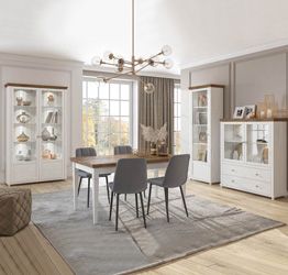 Sala completa composta da 3 vetrine e 1 tavolo allungabile, bianco frassinato e rovere 
