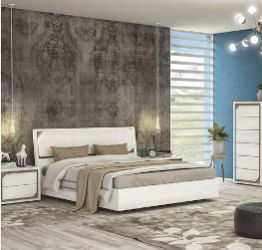 Camera da letto completa, finitura Olmo Bianco e ecopelle con dettagli Visone