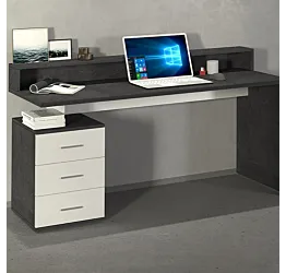 Scrivania 3 cassetti con sopralzo, 160x90x60 h cm, Bianco laccato lucido e Ardesia