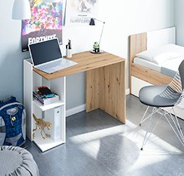 Scrivania di design con ripiano, finitura Bianco opaco e Rovere nodi