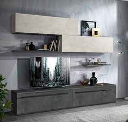 Parete attrezzata di design Made in Italy, con finitura in Resina dark e Argilla