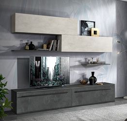 Parete attrezzata di design Made in Italy, con finitura in Resina dark e Argilla