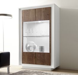 Vetrina Design Moderno, 4 ante Alta, Bianco Opaco con frontali Cognac