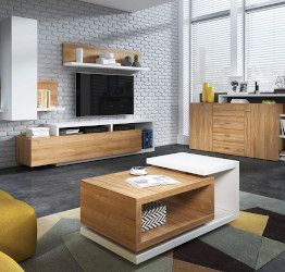 Zona giorno moderna completa, finitura bianco opaco e rovere rustico