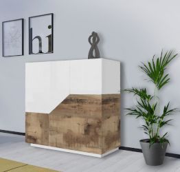 Innovativa Credenza geometrica alta 2 ante, colore Bianco lucido e Pero 