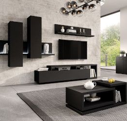Sala moderna composta da mensola, porta TV e pensili verticali, finitura nero opaco