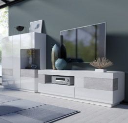 Porta TV e vetrina moderni bianco lucido e cemento
