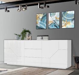 Credenza geometrica moderna e di design 4 ante e 3 cassetti, Bianco laccato lucido 