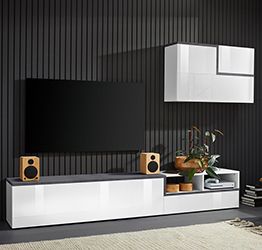 Mobile porta tv, parete attrezzata in finitura Bianco lucido e Ardesia
