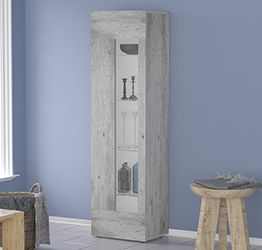 Colonna / Vetrina con 1 anta e ripiani in vetro in finitura Cemento