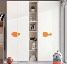 Armadi battenti con libreria 5 ripiani, finitura Bianco, Olmo natura e Arancio 