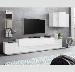 Mobile Porta TV moderno L.240 cm con pensile sospeso in finitura Bianco