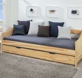 Divano letto con secondo letto ad estrazione in legno naturale, doghe incluse