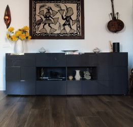 Capiente credenza, Madia di Design, 2 ante e 4 cassetti, Grigio Lucido