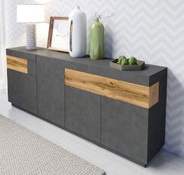 Credenza moderna antracite e rovere naturale, 4 ante e 2 cassetti 