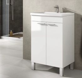 Mobile bagno salvaspazio a terra, finitura bianco lucido con specchio