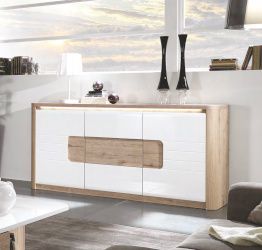 Madia 2 ante e 3 cassetti, bianco laccato e rovere wellington, made in Italy