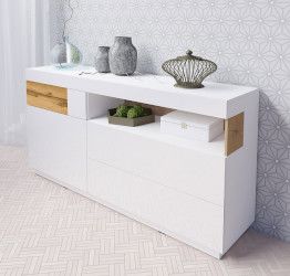 Credenza composta da 1 anta e 3 cassetti, bianca lucida e rovere naturale