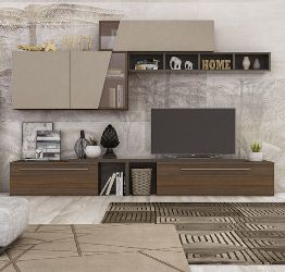 Parete attrezzata con pensili e libreria,  disponibile in diverse finiture, Made in Italy