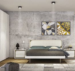 Camera da letto completa, finitura Olmo Bianco e letto ecopelle bianca, Made in Italy