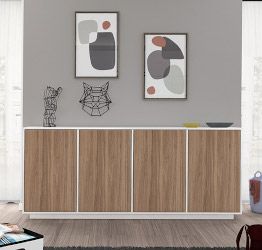 Credenza in appoggio in finitura bianco lucido e noce caracalla