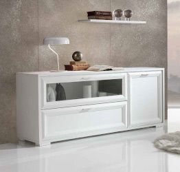 Credenza salvaspazio classica Bianco Frassinato con anta, cassettone e ribalta in vetro