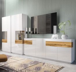 Madia e 2 vetrine moderne bianco lucido e rovere naturale