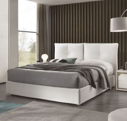 Letto contenitore bianco in ecopelle e con testiera e giroletto imbottiti