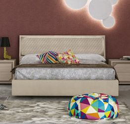 Letto contenitore moderno, ecopelle Sabbia con giroletto imbottito