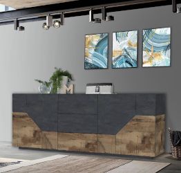 Conveniente Credenza geometrica 4 ante e 3 cassetti, colore Ardesia e Pero