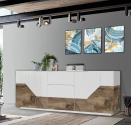 Credenza geometrica 4 ante e 3 cassetti, colore Bianco lucido e Pero 