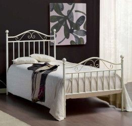 Letto Charpentier in tubolare di ferro con pomoli, singolo, colore bianco anticato oro, made in Italy