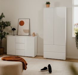 Composizione da ingresso moderna formata da Armadio, Settimino e Madia finitura Bianco lucido