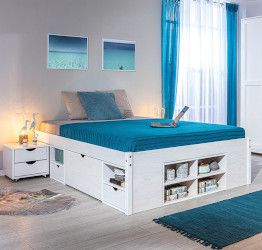 Letto per rete 140 x 200, in pino massello, verniciato bianco, con vani contenitore